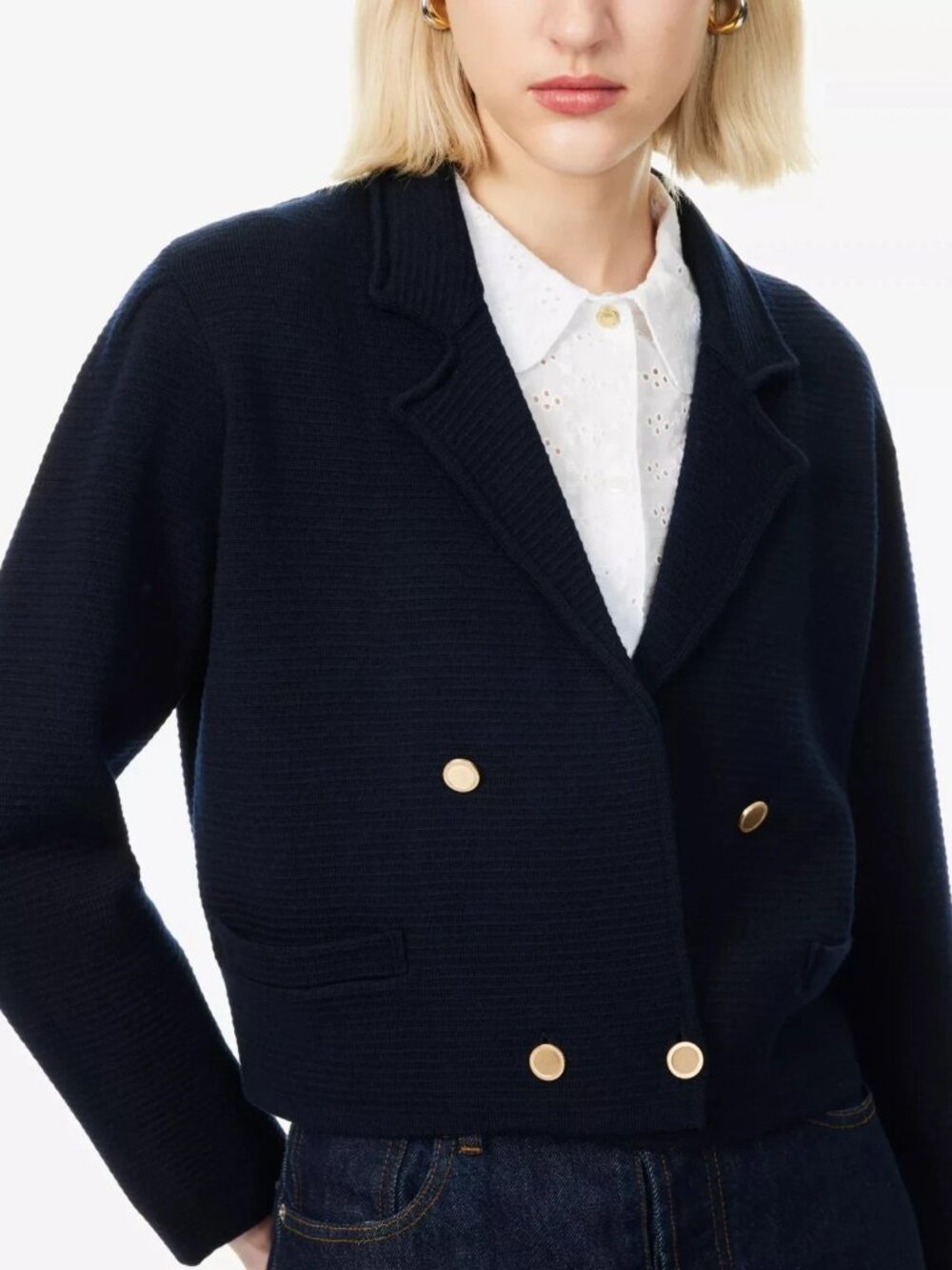 FRAME The Cruise knit croped Double Breasted Wool Cardigan sz XL navy MSRP $548